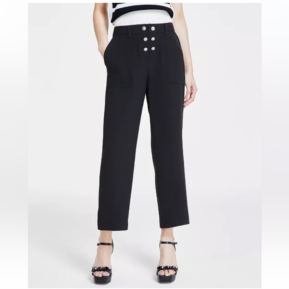 Karl Lagerfeld Women's Button-Front Ankle Pants Size 8 Black Wide Leg Sailor